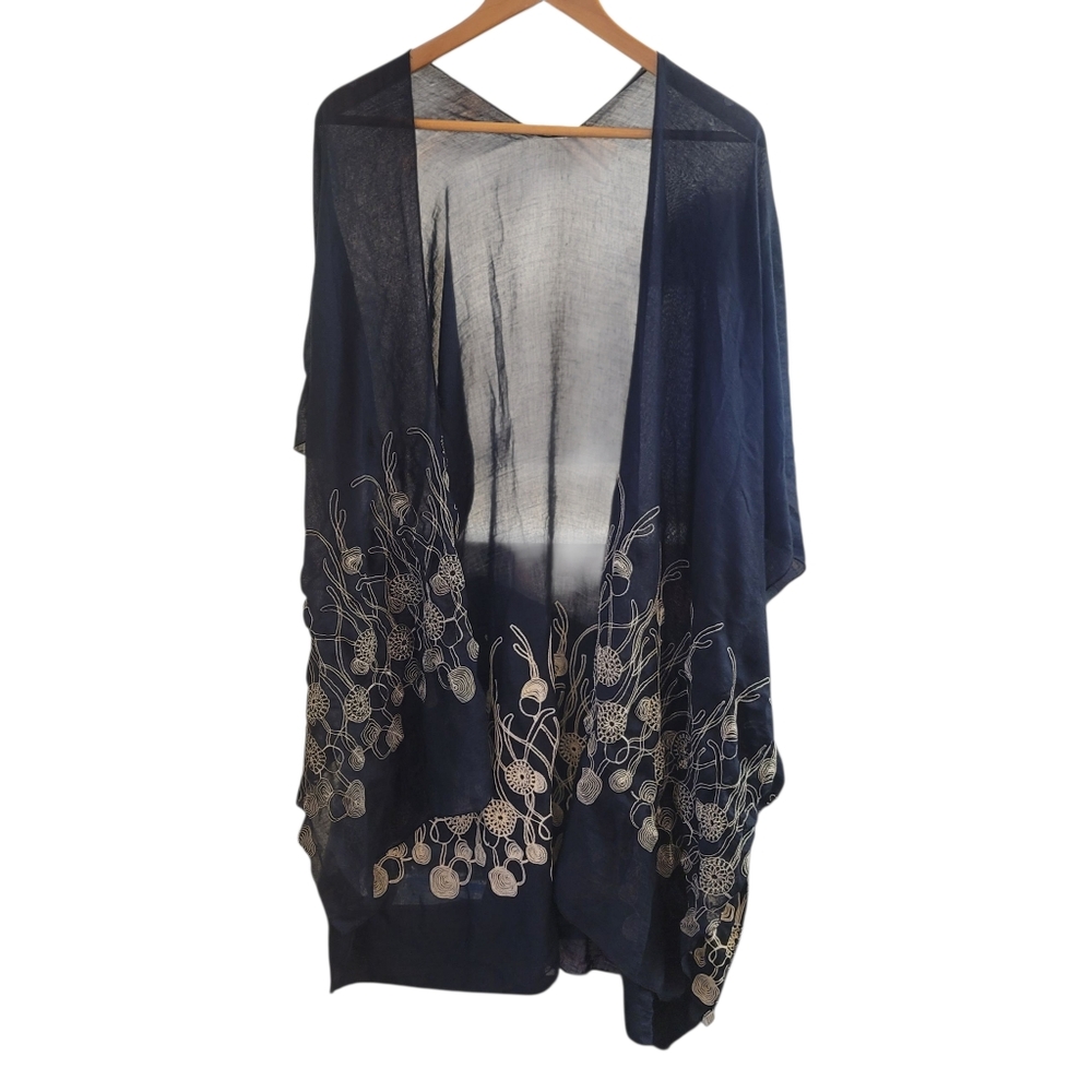 NWT Ruana Navy Kimono with Floral Embroidery